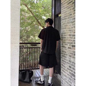 老钱风亚麻套装男夏季V领短袖衬衫垂感休闲短裤一套搭配帅气男装图片