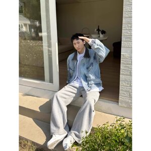 网图现货 浅蓝色美式宽松拼皮翻领褶皱水洗牛仔外套J4002/P78图片