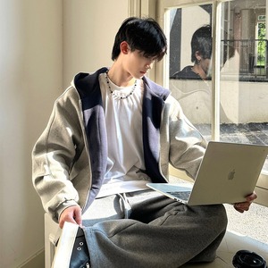 现货 秋季拼接廓形美式开衫卫衣男连帽宽松高级感外套WY64/P55图片
