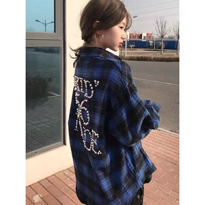 现货  美式长袖格子钉珠衬衫男女C3730/特P50图片