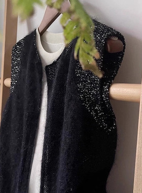 捡漏撤柜大牌外贸欧货重工漂亮黑色亮片马甲针织毛衣外套女秋冬季