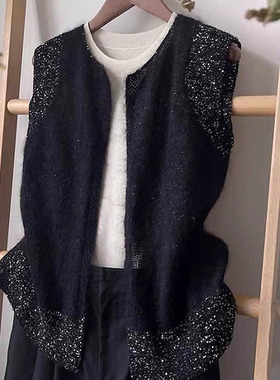 捡漏撤柜大牌外贸欧货重工漂亮黑色亮片马甲针织毛衣外套女秋冬季