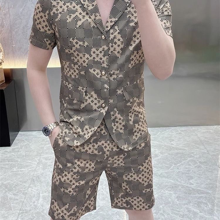 欧洲站夏季新款印花短袖短裤套装男时尚修身休闲轻奢西装一套搭配