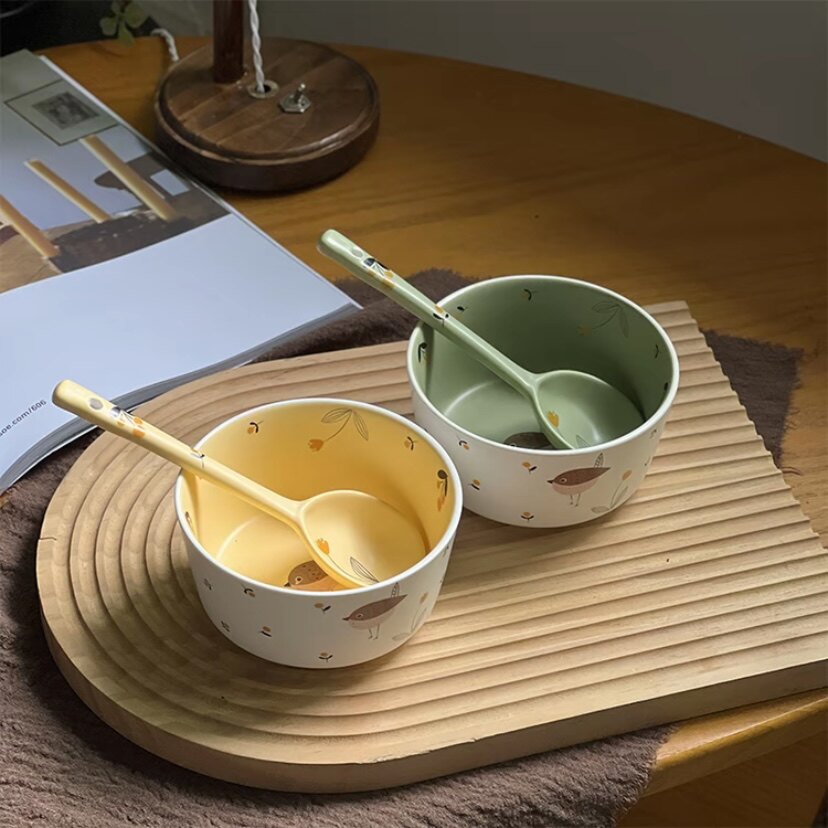 鸟语花香釉下彩陶瓷餐具4.5寸直身碗新款家用米饭碗勺套装