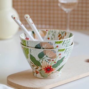 七彩云花斗笠碗家用米饭碗套装法式田园风碗勺高脚碗防烫彩绘饭碗