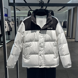 潮牌羽绒服男2023新款短款冬季加厚时尚立领工装黑白拼接鸭绒外套