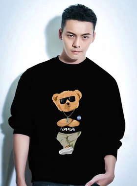 外贸出口撤回潮牌黑色圆领拽小熊卫衣男装秋冬季新款加绒加厚宽松