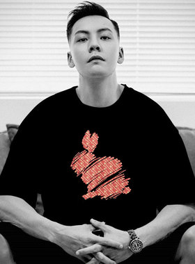 外贸出口撤回黑色短袖T恤男士高端休闲纯棉潮牌兔子圆领宽松上衣