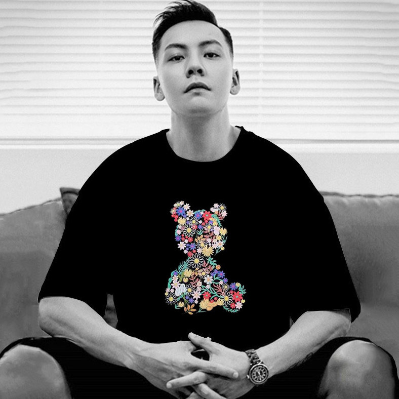 专柜商场撤回国际百搭花花熊印花黑色短袖纯棉T恤男潮牌重磅上衣