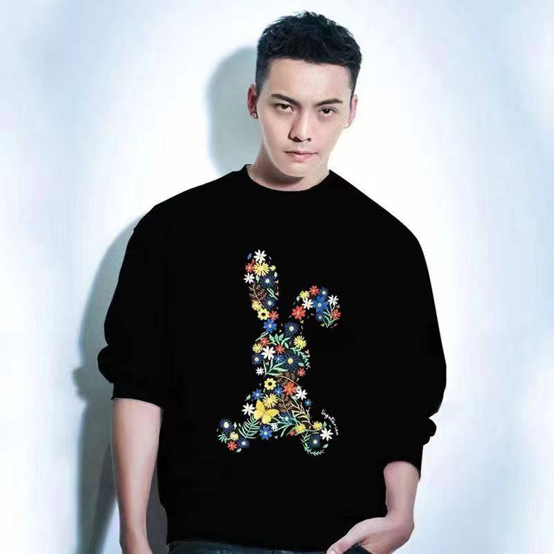 外贸出口撤回国潮兔子印花圆领加绒加厚卫衣男秋冬季新款黑色宽松,男装,卫衣,淘宝优惠券,粉丝福利购,淘宝优惠卷