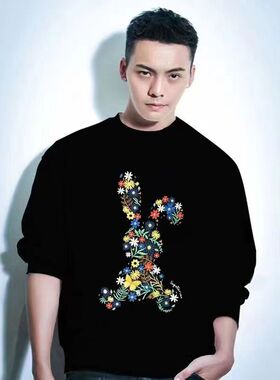 外贸出口撤回国潮兔子印花圆领加绒加厚卫衣男秋冬季新款黑色宽松