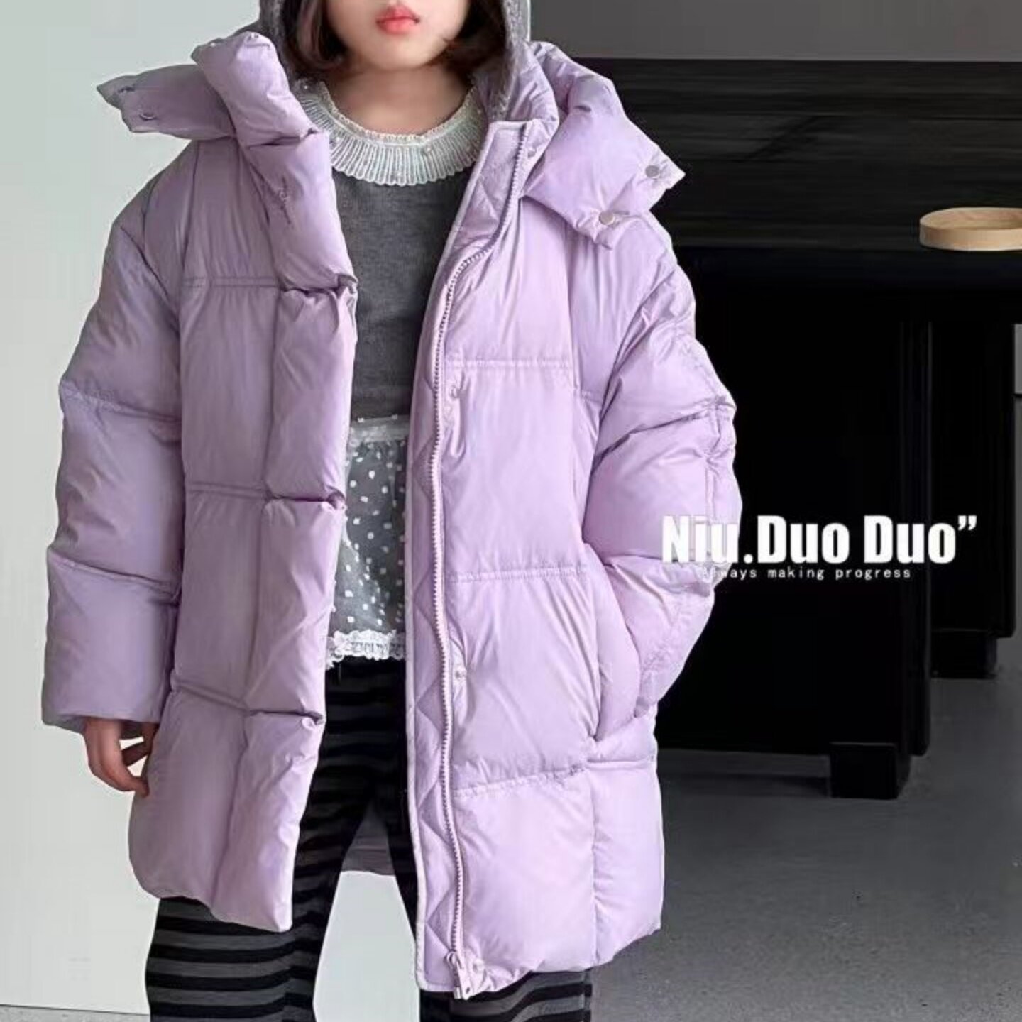 牛哆哆羽绒服儿童羽绒服女童中长款连帽加厚紫色外套