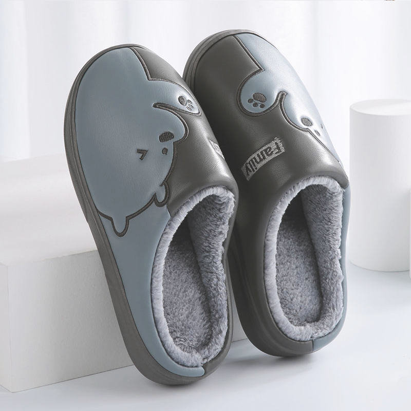 居家男士冬季棉拖鞋PU防水厚底防滑室内保暖可爱卡通毛绒拖鞋男冬