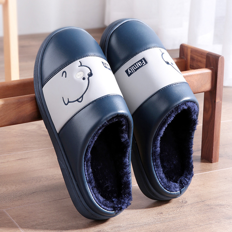 男士家居防水pu皮冬天毛绒拖鞋