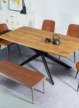 HEDUEN橡木餐桌全实木复古工业风长方形轻奢风北欧原木色桌子