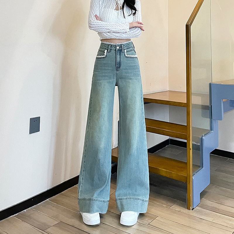 蕾丝花边阔腿牛仔裤女长裤春秋季新款高腰显瘦宽松设计感拖地裤子