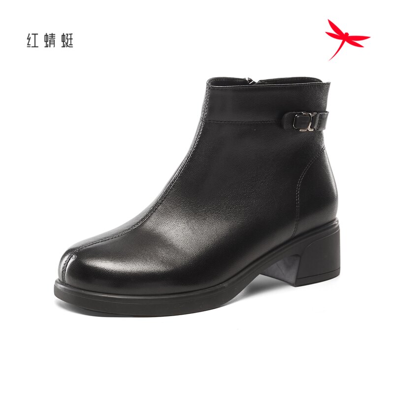 红蜻蜓冬季女士短筒靴子羊皮加绒