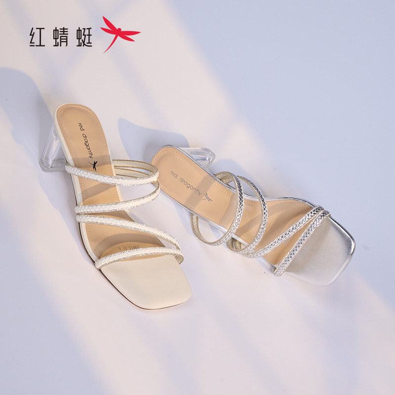 红蜻蜓2025夏季拖鞋KX66082901露趾水晶跟女凉拖鞋KX66082902时尚