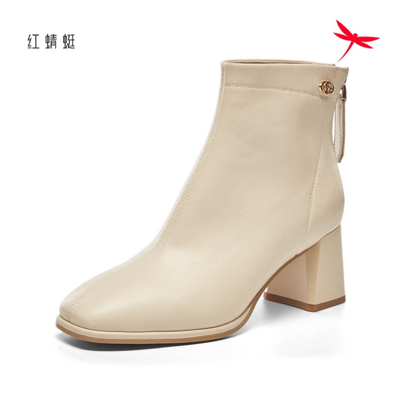 红蜻蜓冬女士短筒靴子粗高跟加绒