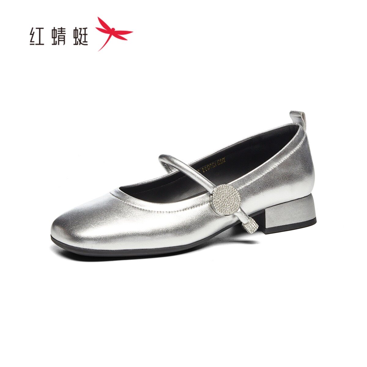 红蜻蜓春羊皮女士玛丽珍平底水钻