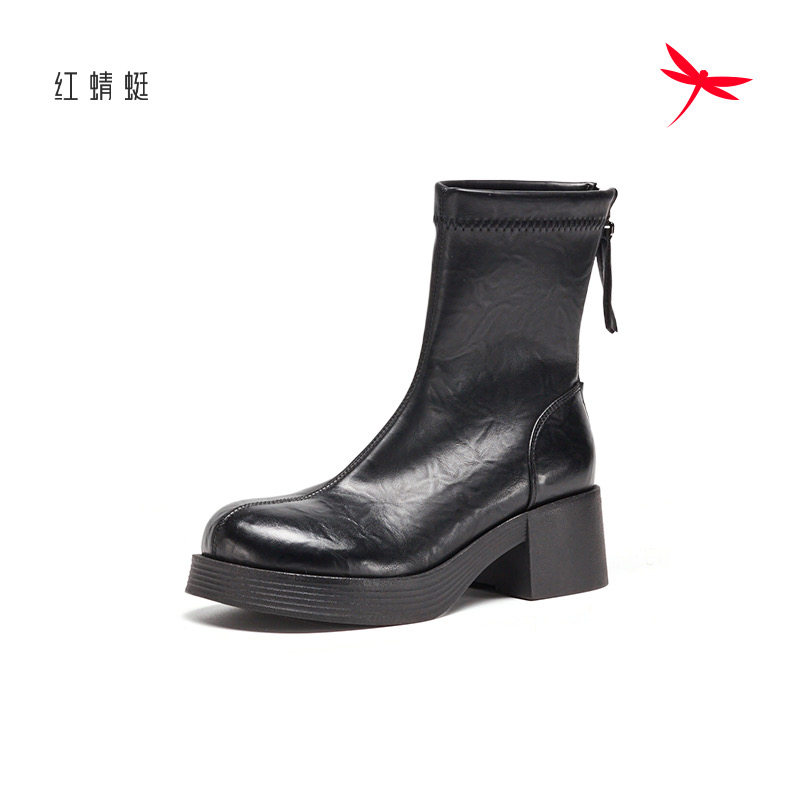红蜻蜓冬季女士短筒皮靴弹力粗跟