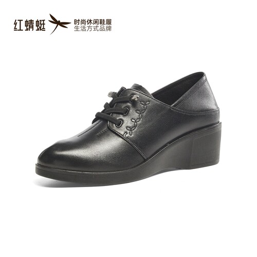 红蜻蜓春秋季女牛皮乐福鞋粗方跟