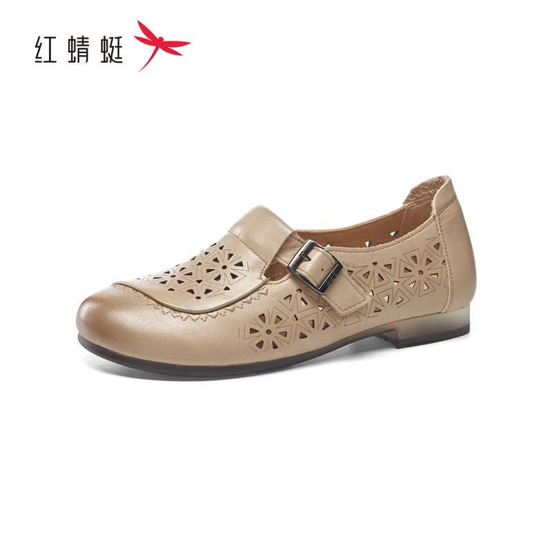 红蜻蜓夏软底软面妈妈鞋镂空圆头