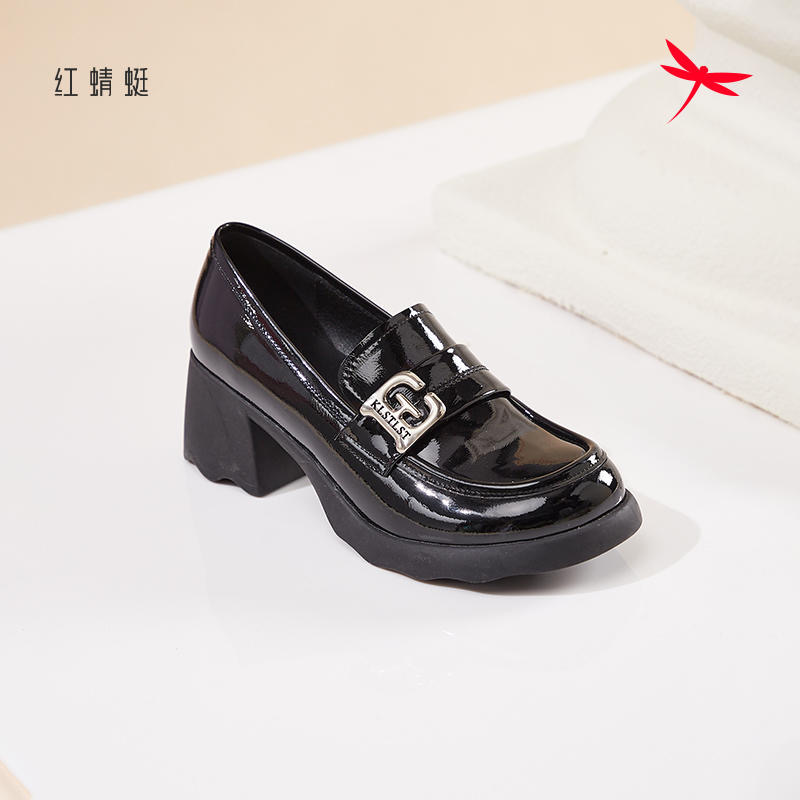红蜻蜓新款女皮单鞋乐福复古方跟