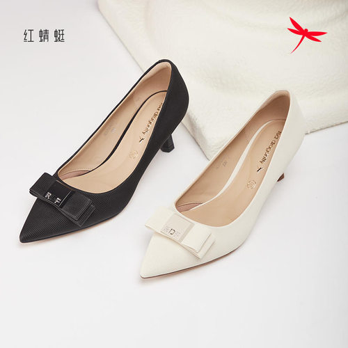 红蜻蜓新款女士皮鞋尖头浅口高跟
