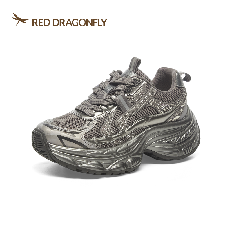 红蜻蜓秋冬女老爹鞋休闲厚底网面