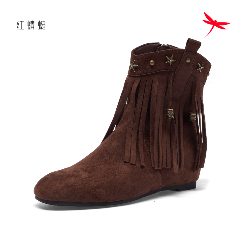 红蜻蜓冬季女士短筒靴子流苏坡跟