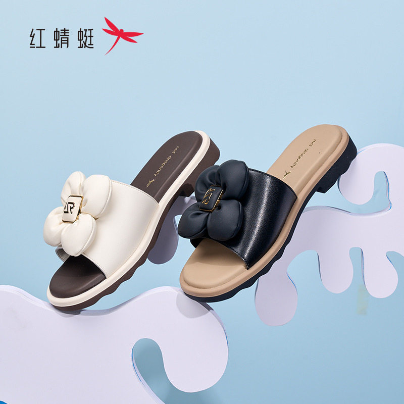 红蜻蜓夏女一字皮凉拖鞋平跟花朵