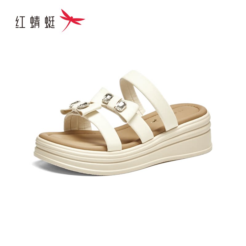 红蜻蜓夏女士凉一字皮拖鞋蝴蝶结