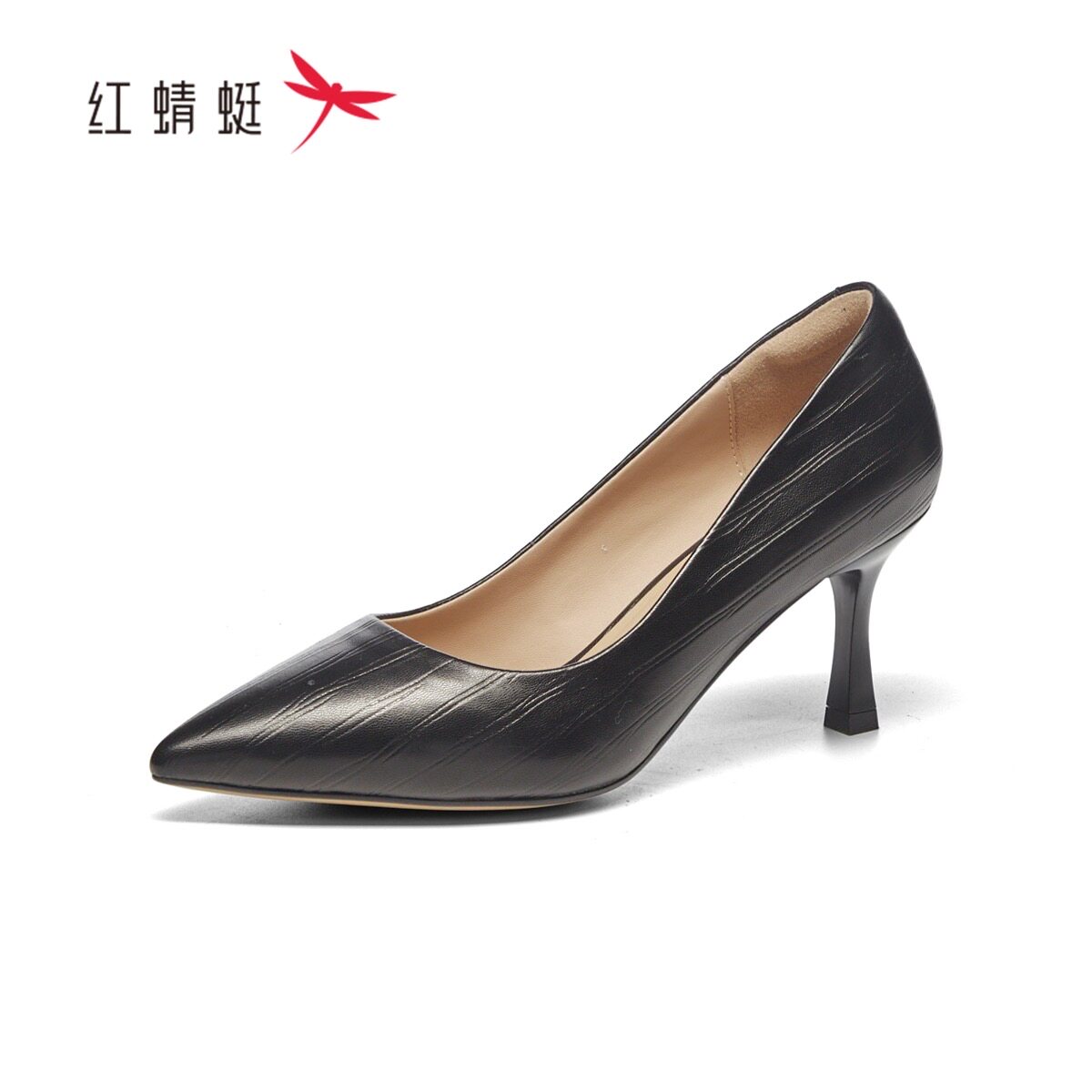 红蜻蜓春季女士工装羊皮浅口高跟