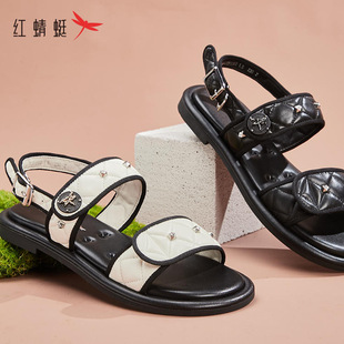 红蜻蜓夏季女士羊皮凉鞋MK47203001小香风水钻平底MK47203002舒适