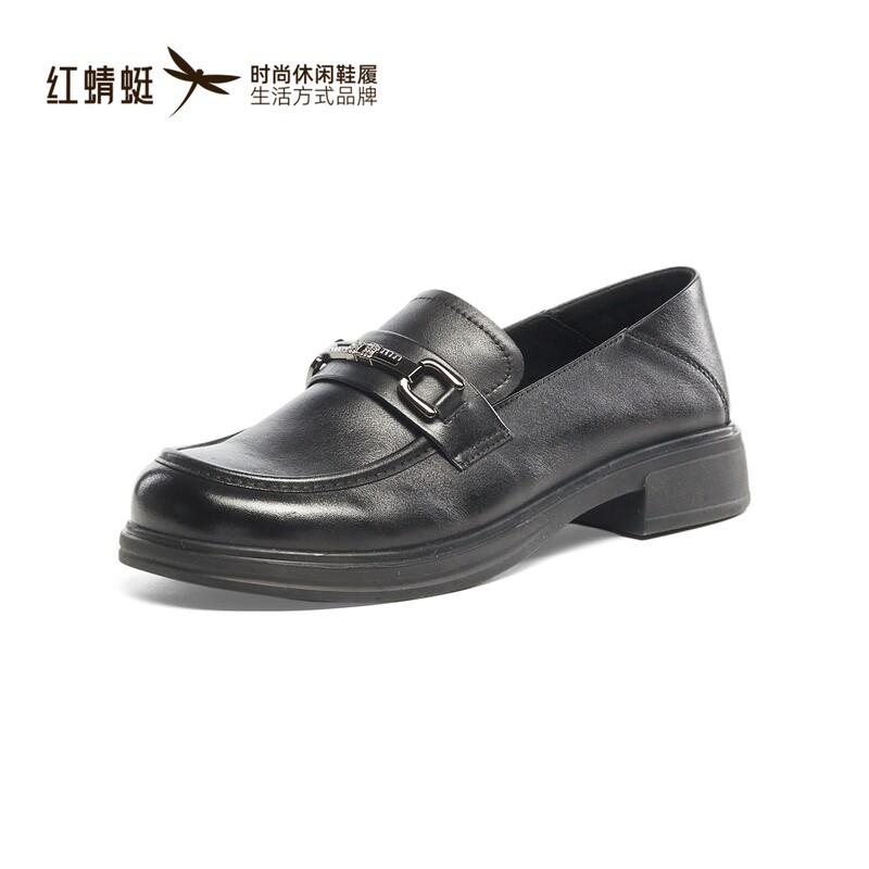 红蜻蜓秋季女士牛皮鞋乐福方粗跟