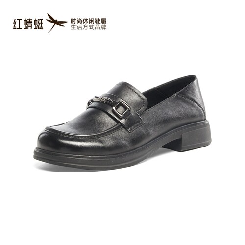 红蜻蜓秋季女士牛皮鞋乐福方粗跟