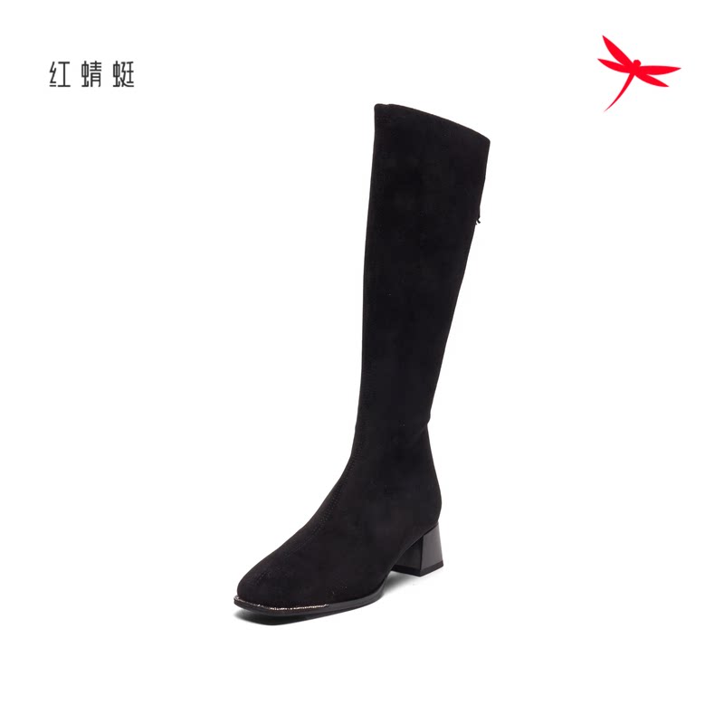 红蜻蜓冬季女士高筒皮靴子粗方跟