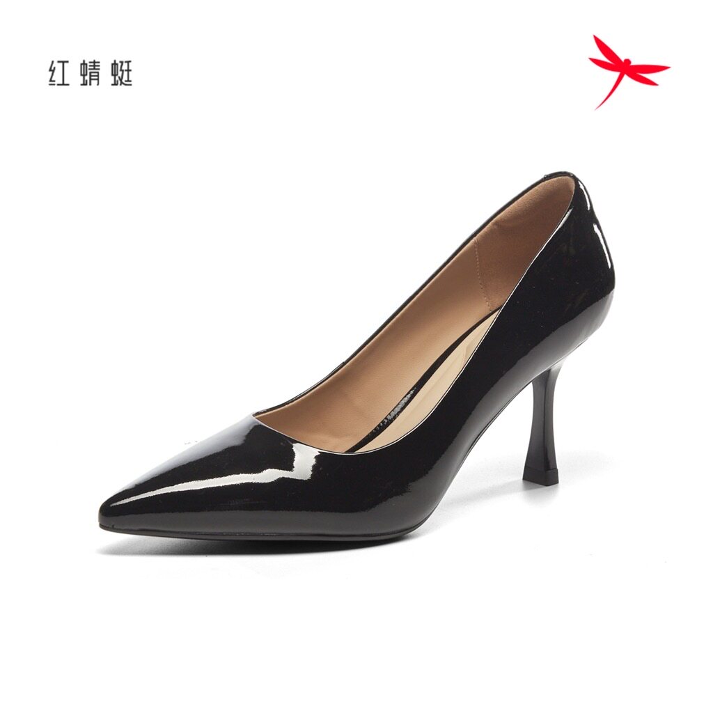 红蜻蜓秋季新女士漆皮细高跟尖头