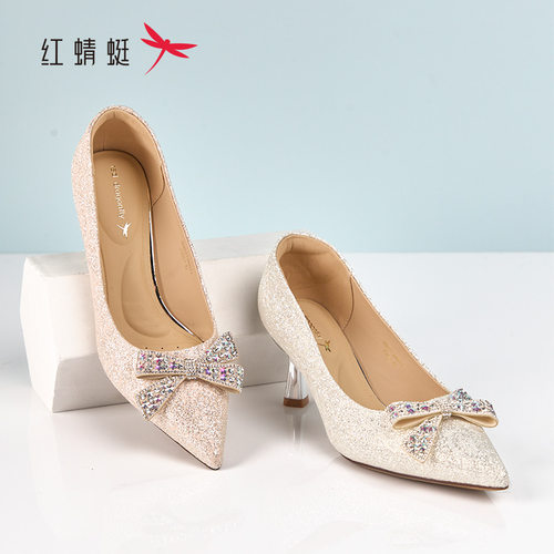 红蜻蜓春女士皮鞋婚鞋高跟蝴蝶结