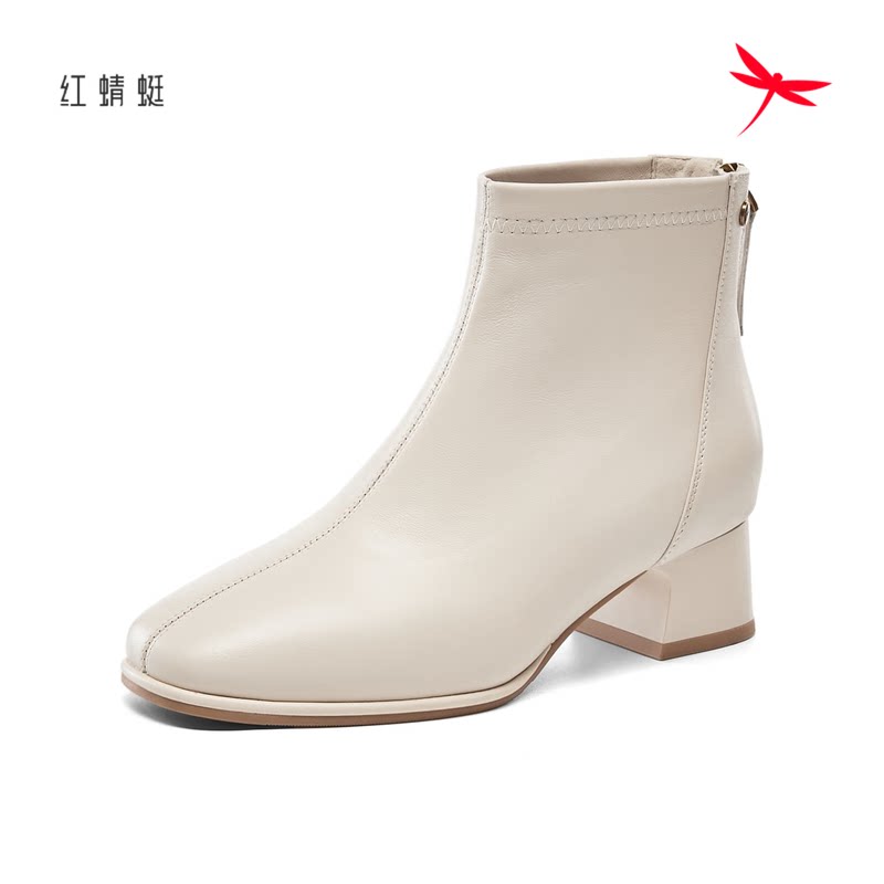 红蜻蜓冬季羊皮女士短筒靴子方头