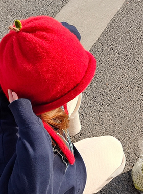 屁屁熊原创设计苹果帽子可爱秋冬保暖百搭大头围护耳帽针织毛绒