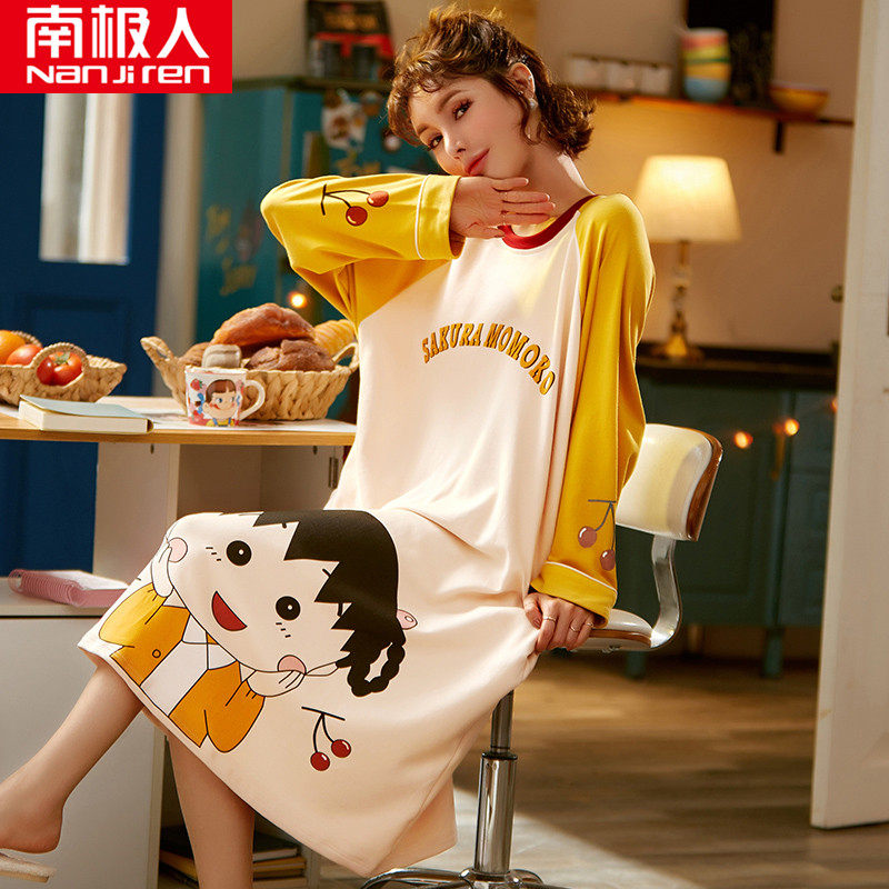 3南极人睡裙夏季薄款纯棉长袖中长款睡衣女学生宽松春秋冬天家居服