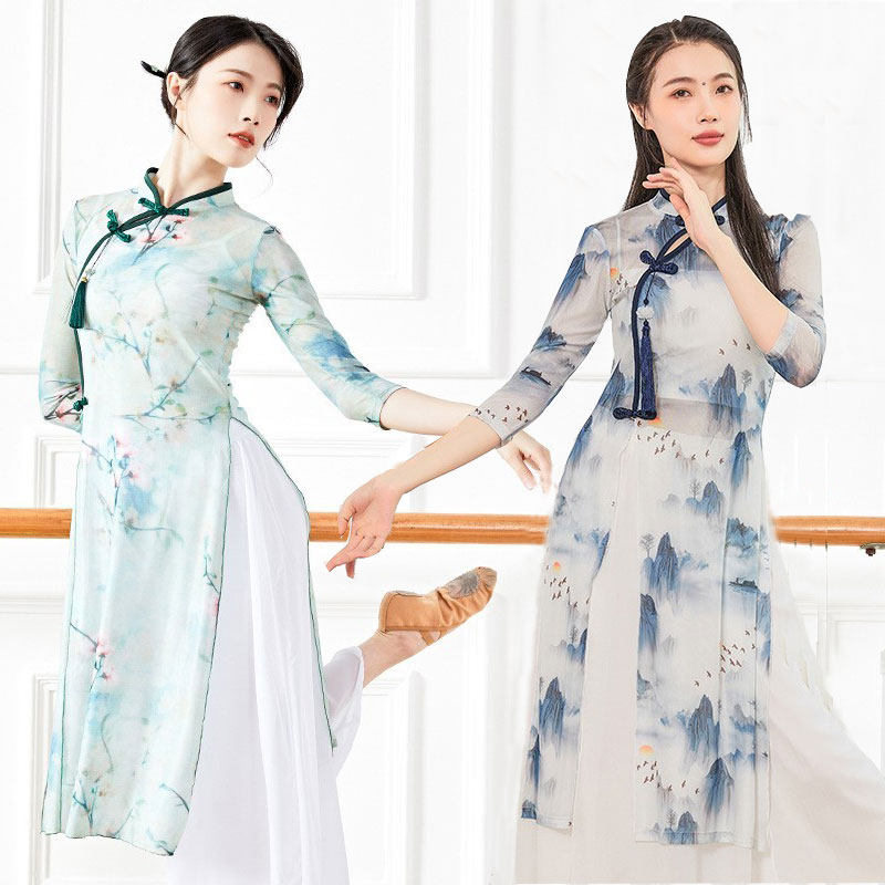 古典舞旗袍练功服女成人古风中国舞蹈服装舞韵瑜伽身韵纱衣上衣春_虎窝淘