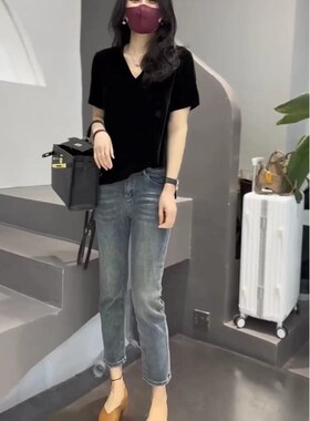 英国cherrykoko早秋新款宽松v领t恤时尚九分烟管裤显瘦洋气