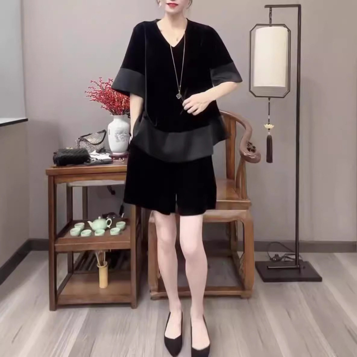 英国cherrykoko新款中袖上衣短裤丝绒套装宽松显瘦两件套女