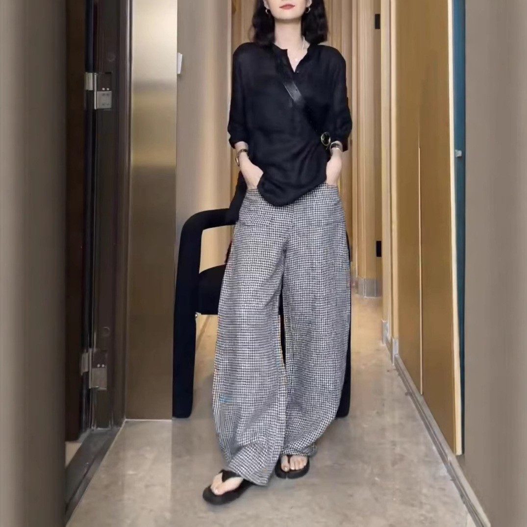 英国cherrykoko春季新款法式薄款透气衬衫休闲格纹长裤女潮