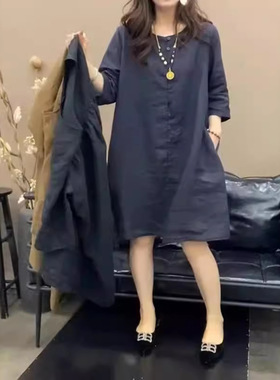 英国cherrykoko夏季新款宽松显瘦圆领中长款连衣裙简约女裙