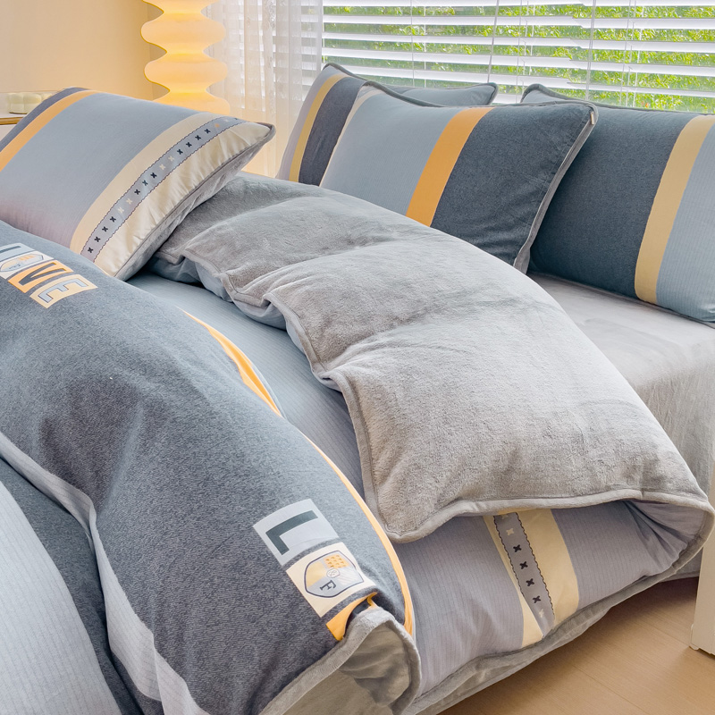 秋冬季全棉加绒四件套a纯棉b面加厚牛奶绒单面加绒被套床单法兰绒