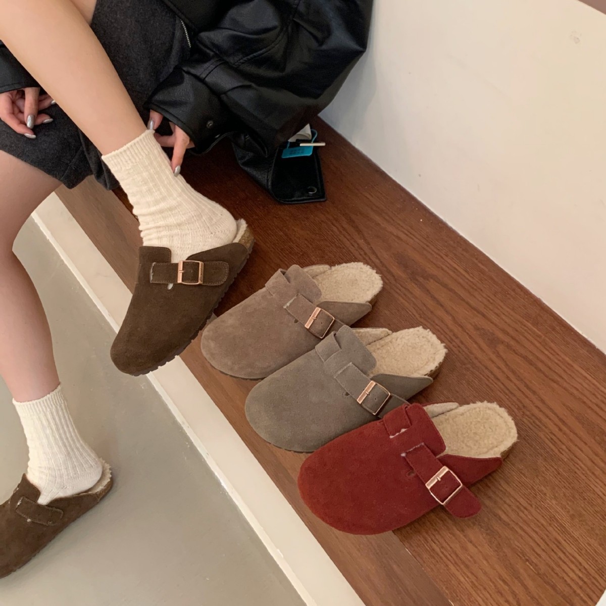 羊羔毛加绒真皮博肯包头拖一脚蹬百搭休闲勃肯鞋内超软底女鞋